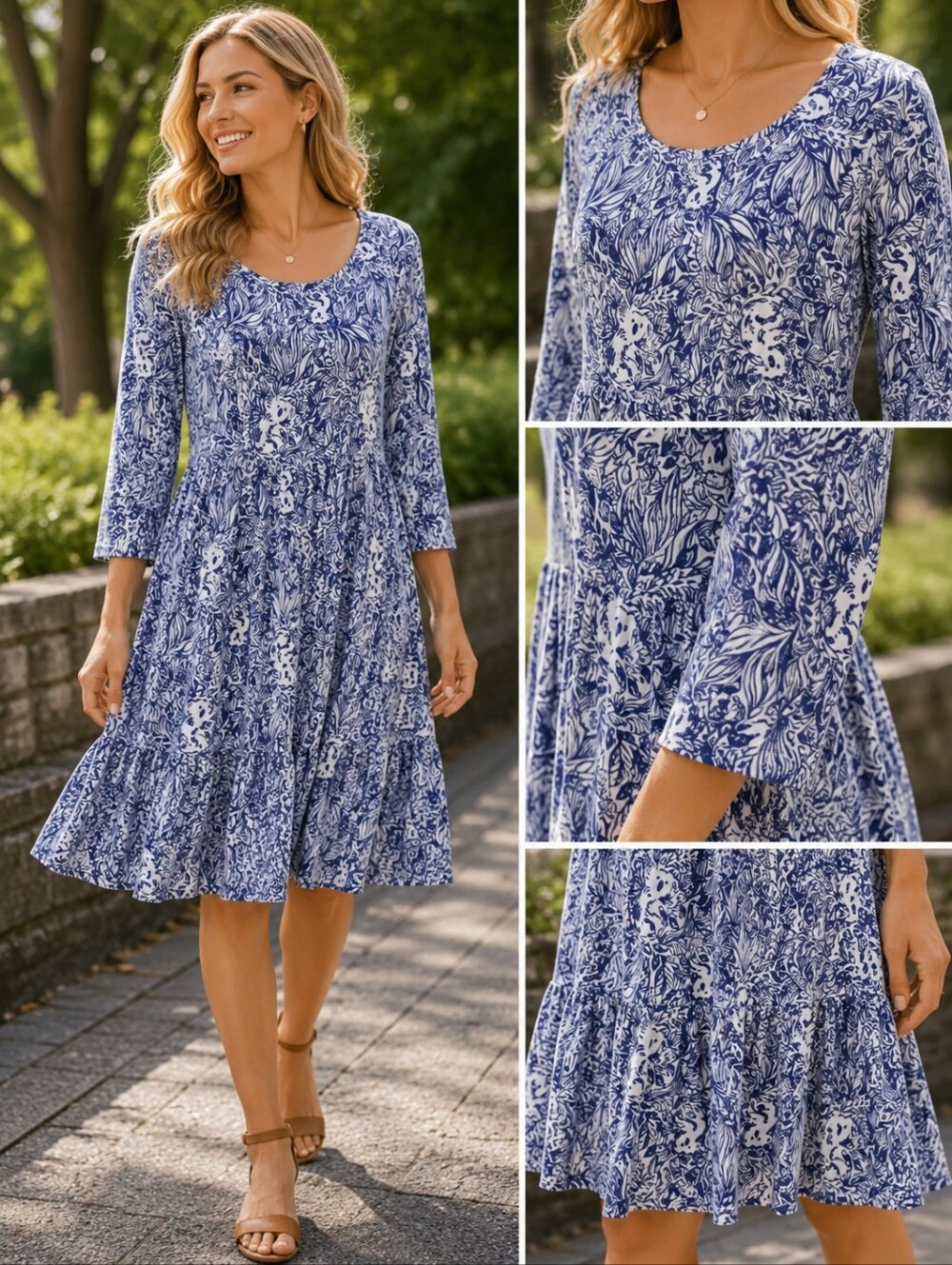 Lilly Pulitzer Navy Blue White Floral Cotton Tiered Dress 3/4 Sleeve Medium